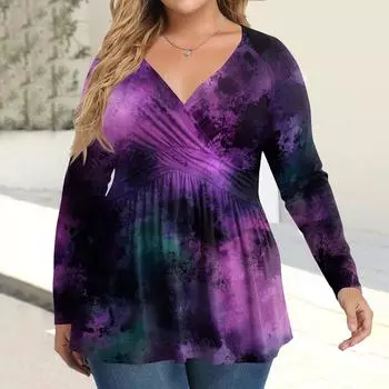 Женская рубашка большого размера с длинным рукавом, принт, плиссированный повседневный топ с V-образным вырезом XXL