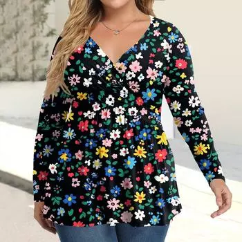 Женская рубашка большого размера с длинным рукавом, принт, плиссированный повседневный топ с V-образным вырезом XXXL синий