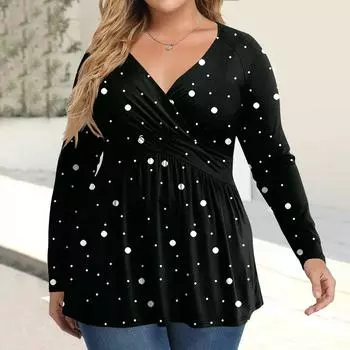 Женская рубашка большого размера с длинным рукавом, принт, плиссированный повседневный топ с V-образным вырезом XXL чёрный