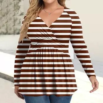 Женская рубашка большого размера с длинным рукавом, принт, плиссированный повседневный топ с V-образным вырезом L коричневый