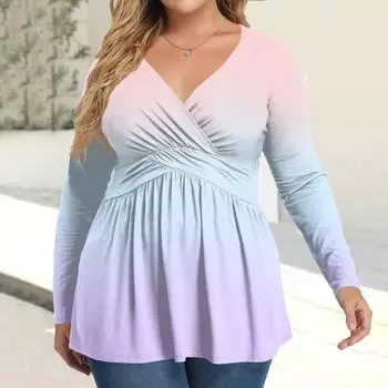 Женская рубашка большого размера с длинным рукавом, принт, плиссированный повседневный топ с V-образным вырезом XXXXXL