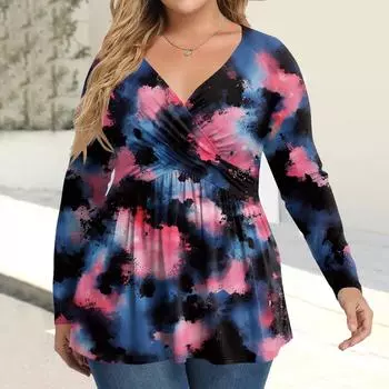 Женская рубашка большого размера с длинным рукавом, принт, плиссированный повседневный топ с V-образным вырезом L темно-синий
