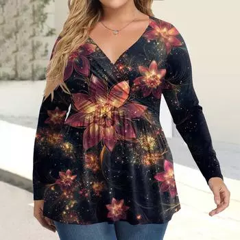 Женская рубашка большого размера с длинным рукавом, принт, плиссированный повседневный топ с V-образным вырезом L чёрный