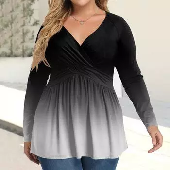 Женская рубашка большого размера с длинным рукавом, принт, плиссированный повседневный топ с V-образным вырезом L чёрный