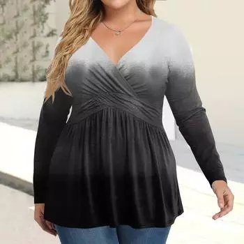 Женская рубашка большого размера с длинным рукавом, принт, плиссированный повседневный топ с V-образным вырезом L чёрный