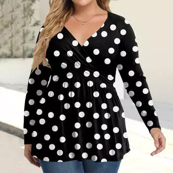Женская рубашка большого размера с длинным рукавом, принт, плиссированный повседневный топ с V-образным вырезом L чёрный