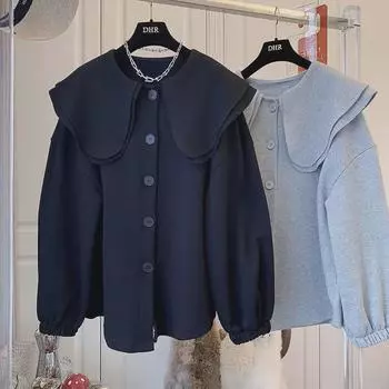 Женская рубашка большого размера с двухслойным воротником в виде листьев лотоса и длинными рукавами свободного кроя - осенняя коллекция 4XL (250-300 Jin) серый