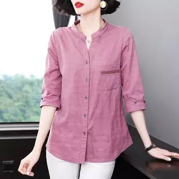 Женская рубашка большого размера с рукавом семь дюймов, весна-лето, свободная хлопковая клетчатая рубашка, женская блузка, топ 2XL светло-розовый