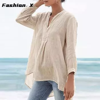 Женская рубашка большого размера, свободная повседневная футболка с семью рукавами и V-образным вырезом, однотонная футболка, топ S зелёный