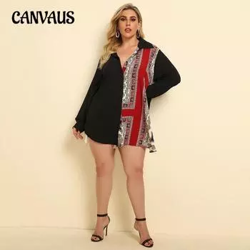 Женская рубашка большого размера, весенне-осенняя Свободная сексуальная рубашка с длинным рукавом и принтом ветра в этническом стиле 3XL чёрный