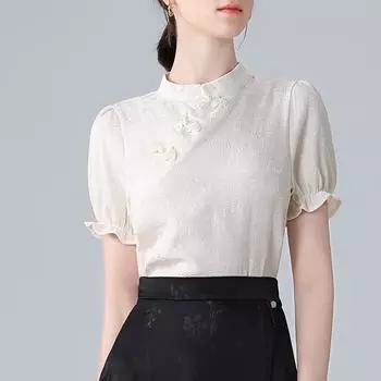 Женская рубашка-чеонгсам, 4 новых летних рубашки с короткими рукавами, жаккардовый атлас с грибковым краем, новый китайский топ S