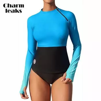 Женская рубашка для плавания Charmleaks UPF 50+ с длинными рукавами, градиентный топ для плавания с цветными блоками и молнией на плечах