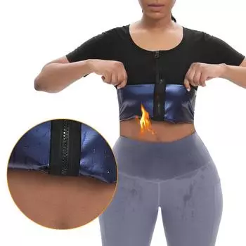 Женская рубашка для сауны, спортивный жилет с короткими рукавами, тренировочная куртка на молнии, Корректирующее белье для похудения, майки, тренажер для талии, формирователь тела, футболка, костюм для сауны S/M чёрный/синий