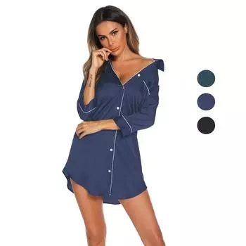 Женская рубашка для сна, тонкая ночная рубашка с имитацией шелка и длинными рукавами, женские пижамы, ночное белье, сексуальная одежда для сна черного, темно-зеленого цвета S темно-синий