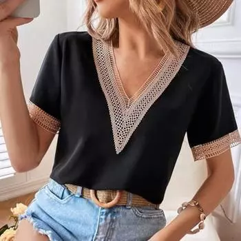 Женская рубашка, дышащая кружевная лоскутная рубашка с коротким рукавом, топ для офиса 3XL чёрный