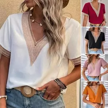 Женская рубашка, дышащая кружевная лоскутная рубашка с коротким рукавом, топ для офиса 3XL чёрный