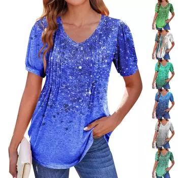 Женская рубашка-фонарик с коротким рукавом в стиле бохо, повседневная летняя рубашка с V-образным вырезом, плиссированная повседневная туника S