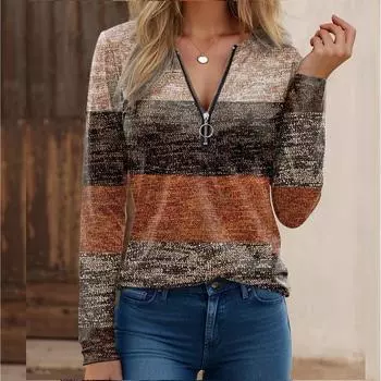 Женская рубашка-хенли с длинными рукавами, цветными блоками, V-образным вырезом и полумолнией, повседневная, эластичная, трикотажная, коричневого, бежевого и черного цвета XL красный