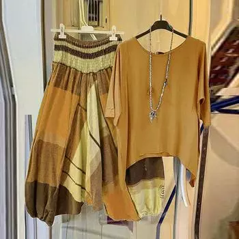 Женская рубашка и брюки комплект футболка брюки клетчатый узор эластичный пояс летняя блузка неровный подол широкие брюки уличная одежда XXXXXL синий