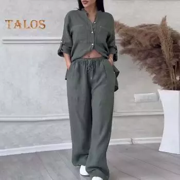 Женская рубашка и брюки, комплект из 2 шт., однобортная однобортная блузка с длинными рукавами и v-образным вырезом, эластичная талия, свободные широкие брюки, повседневная одежда для поездок на работу M розовый