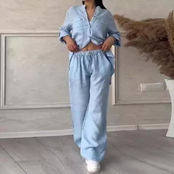 Женская рубашка и брюки, комплект из 2 шт., однобортная однобортная блузка с длинными рукавами и v-образным вырезом, эластичная талия, свободные широкие брюки, повседневная одежда для поездок на работу M розовый