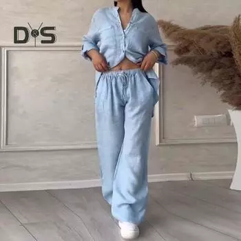 Женская рубашка и брюки, комплект из 2 шт., однобортная однобортная блузка с длинными рукавами и v-образным вырезом, эластичная талия, свободные широкие брюки, повседневная одежда для поездок на работу M розовый