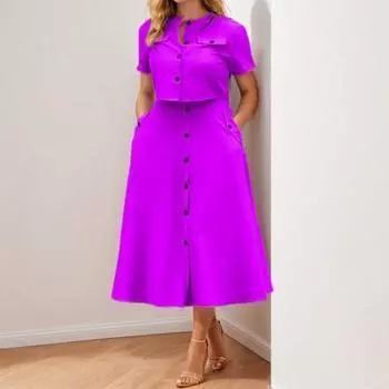 Женская рубашка и юбка Yousheng, однотонная блузка с круглым вырезом и пуговицами, юбка с карманами, летний наряд для офиса и деловых мероприятий S коричневый