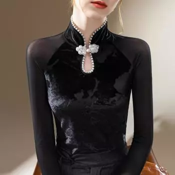 Женская рубашка из бархата, новый стиль, китайский воротник-стойка, жемчужные пуговицы, длинный рукав, футболка, облегающая талию, внутренний топ S чёрный