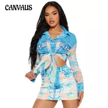 Женская рубашка из двух частей с принтом, верхним воротником, длинными рукавами и сексуальной облегающей юбкой на бедрах S