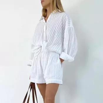 Женская рубашка из двух предметов с морщинистыми лацканами и длинными рукавами, шорты с высокой талией и завязками, комплект большого размера, модные костюмы S белый