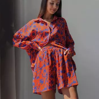 Женская рубашка из двух предметов с принтом, морщинистыми лацканами и длинными рукавами, шорты с высокой талией и завязками, комплект большого размера, модные костюмы S оранжевый