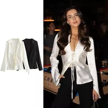 Женская рубашка из Европы и США с бантом, атласной текстурой, воротником, длинным рукавом, приталенная рубашка с галстуком, элегантная сексуальная дышащая рубашка из тонкого шелка XS