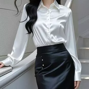 Женская рубашка из гладкого атласа с длинным рукавом и лацканами, повседневные топы, однобортная рубашка для офиса в стиле французского стиля 2XL шампанского