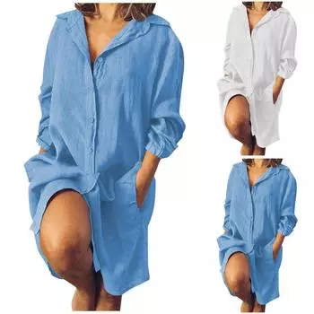 Женская рубашка из хлопка и льна, платье на пуговицах с v-образным вырезом, длинным рукавом и карманом до колена L