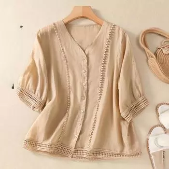 Женская рубашка из хлопка и льна, однотонная французская однотонная рубашка из хлопка и льна с цветочным принтом, литературная ретро маленькая рубашка, универсальная рубашка XXL белый