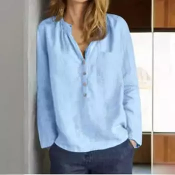 Женская рубашка из хлопка и льна с карманами, пуговицами спереди, V-образным вырезом и длинными рукавами, блузки и рубашки S светло-синий
