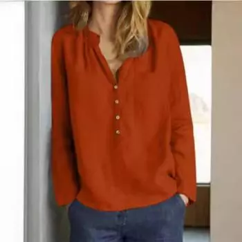 Женская рубашка из хлопка и льна с карманами, пуговицами спереди, V-образным вырезом и длинными рукавами, блузки и рубашки S светло-синий