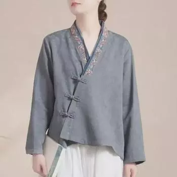 Женская рубашка из хлопка и льна в стиле ретро с вышивкой в стиле ханьфу с длинным рукавом XL 115-130 lbs розовый