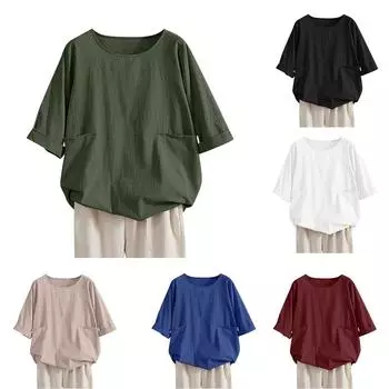 Женская рубашка из хлопка и льна, однотонная, рукав 1/2, свободная рубашка с круглым вырезом и пуговицами XXL