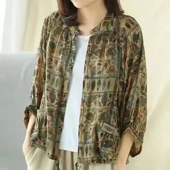 Женская рубашка из хлопка и льна с принтом, свободного покроя, тонкий повседневный топ XXL зелёный