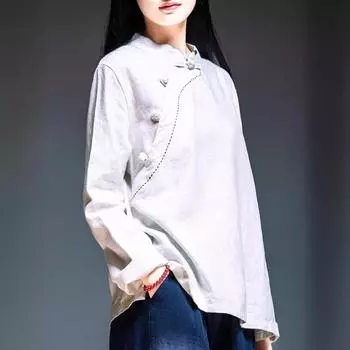 Женская рубашка из хлопка и льна в стиле ретро с длинным рукавом: Воротник-стойка/косой, свободный облегающий крой для весны, лета, осени M