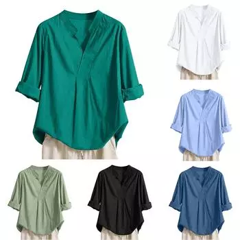 Женская рубашка из хлопка и льна, однотонная, рукав 2/1, свободная рубашка с V-образным вырезом и пуговицами S чёрный