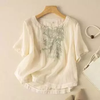 Женская рубашка из хлопка и льна, тонкий фасон, топ в китайском стиле, элегантная свободная женская рубашка с рукавами девять точек XXXL бежевый