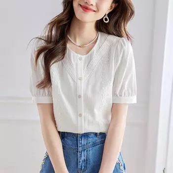 Женская рубашка из хлопка, приятная для кожи, летняя, новая, темпераментная, элегантная, с французскими рукавами-фонариками, кружевная, с короткими рукавами для женщин S