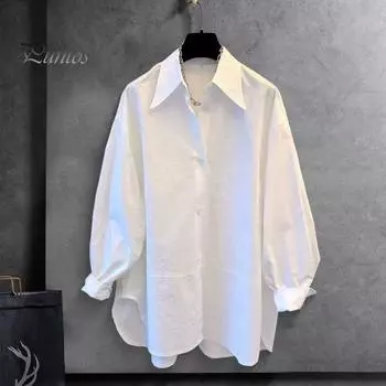 Женская рубашка из хлопка с длинным рукавом, свободная блузка, однотонная, с заостренным воротником, рубашка на весну и осень для вечеринок, путешествий, работы XL зелёный