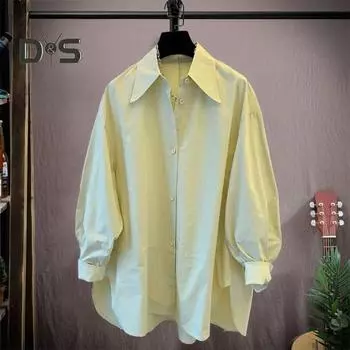 Женская рубашка из хлопка с длинным рукавом, свободная блузка, однотонная, с заостренным воротником, рубашка на весну и осень для вечеринок, путешествий, работы L зелёный