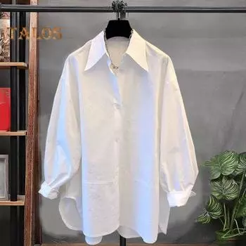 Женская рубашка из хлопка с длинным рукавом, свободная блузка, однотонная, с заостренным воротником, рубашка на весну и осень для вечеринок, путешествий, работы L зелёный