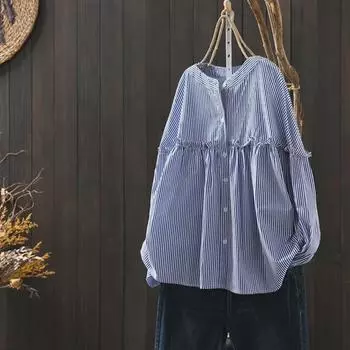 Женская рубашка из хлопка в синюю полоску с длинным рукавом и деревянной отделкой ушек - Spring Slim Fit M