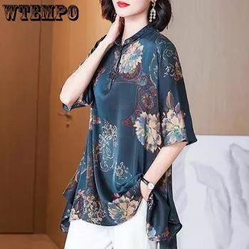 Женская рубашка из искусственной шелковой пряжи большого размера, летняя женская шифоновая рубашка большого размера, свободный топ с половиной рукавов M разноцветный