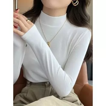 Женская рубашка из модала с полуводолазкой и бархатом, новогодняя, белая, осенне-зимняя, с тонким, матовым воротником-стойкой S